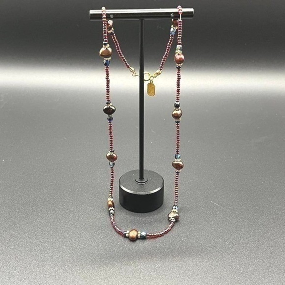 Stix & Stonz Necklace Burgundy Pearl Glass Seed Bead Gold Tone 18 Inch